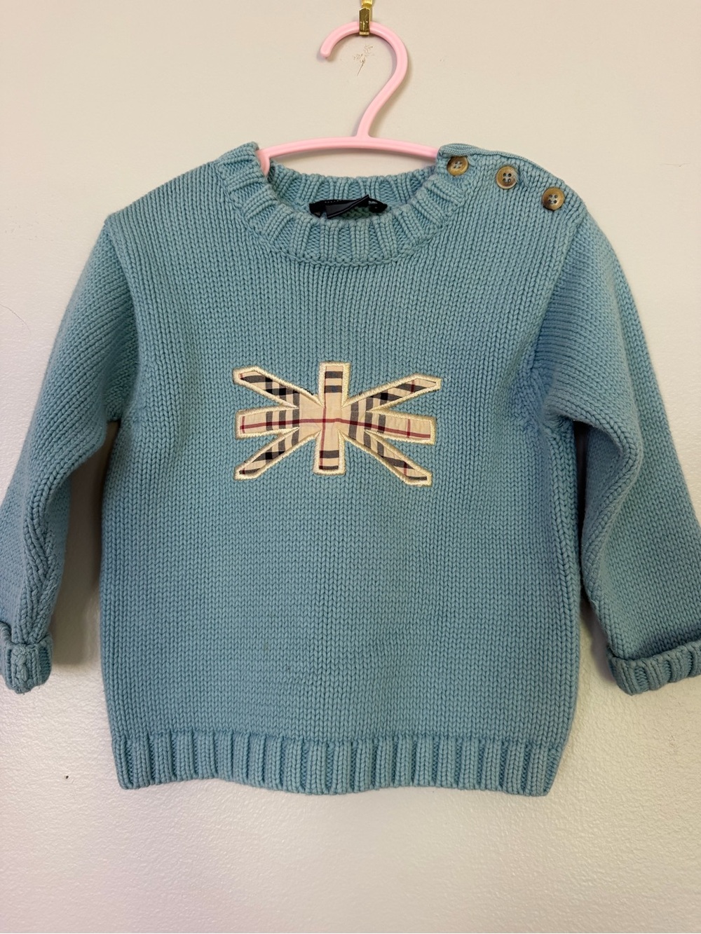 Burberry Light Blue Knit Sweater with Signature Plaid Patch